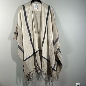 Three Dots tan beige window pane fringe trim wrap shawl blacker scarf